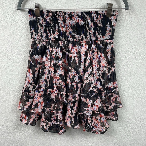 New ALC Vera Floral Silk Metallic Tiered Mini Skirt Smocked Waist Sz 4 - Picture 2 of 10